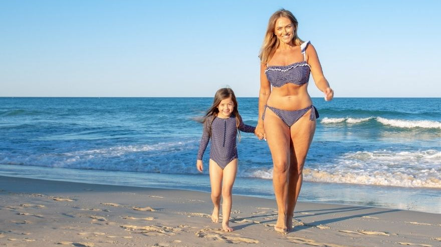 Navy and White Dots kids one piece and women's bikini