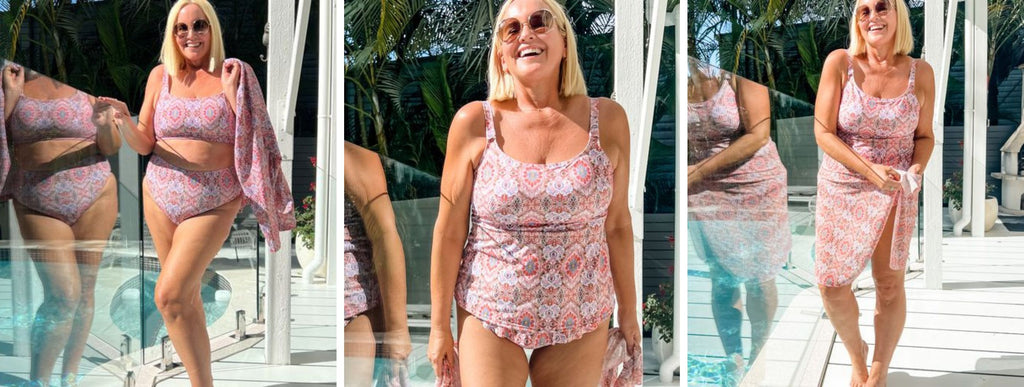 Nikki Parkinson wears Amalfi Pink boho print bikini, tankini, and sarong by the pool. 