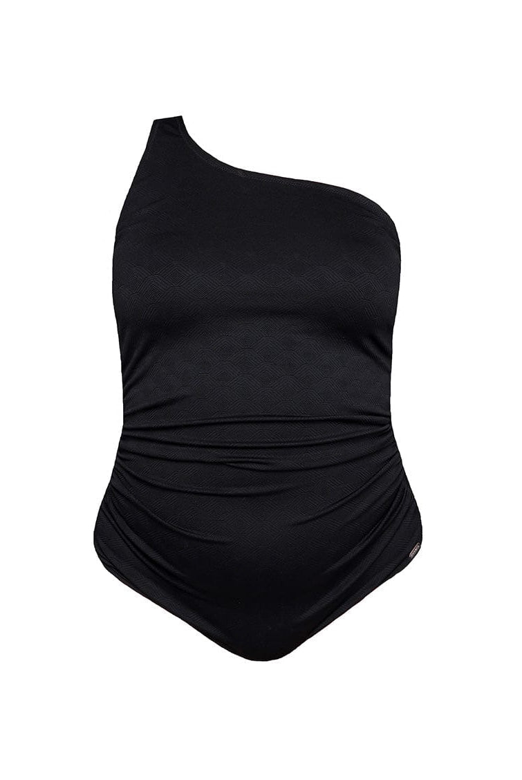 Black one-shoulder swimsuit on a white background