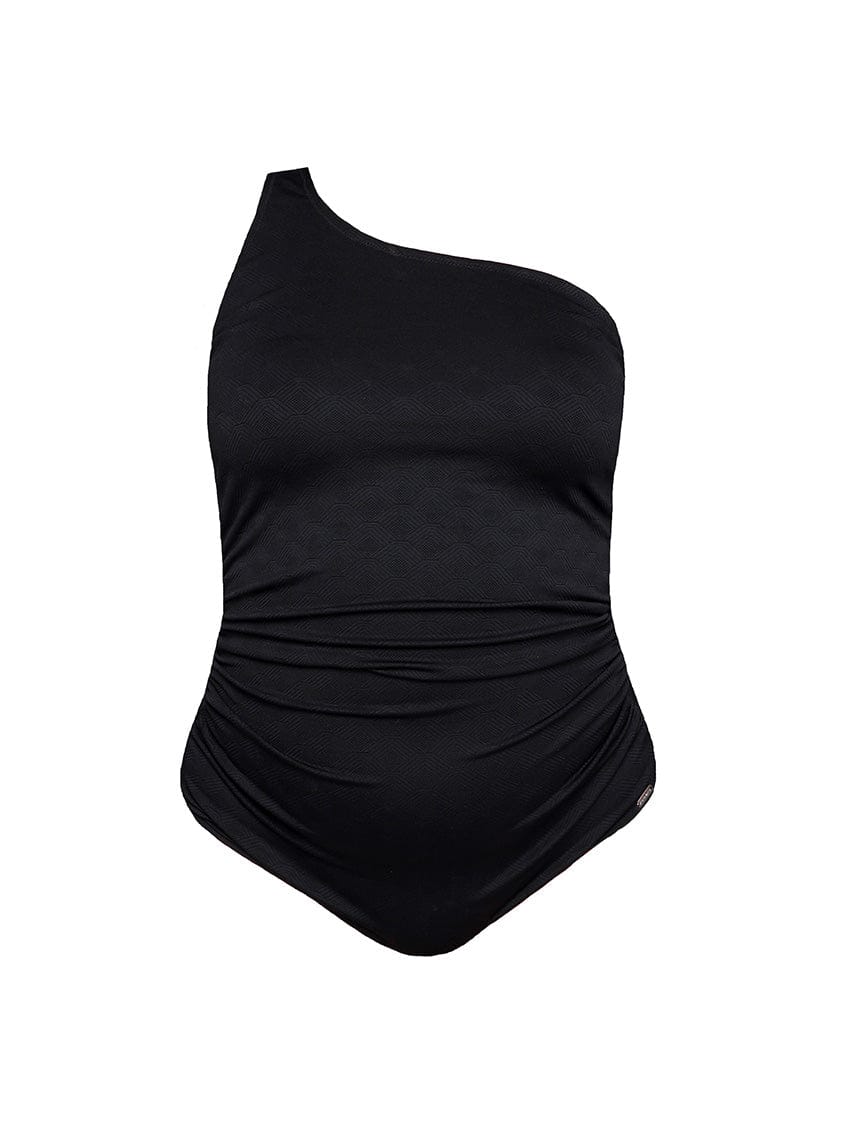Black one-shoulder swimsuit on a white background