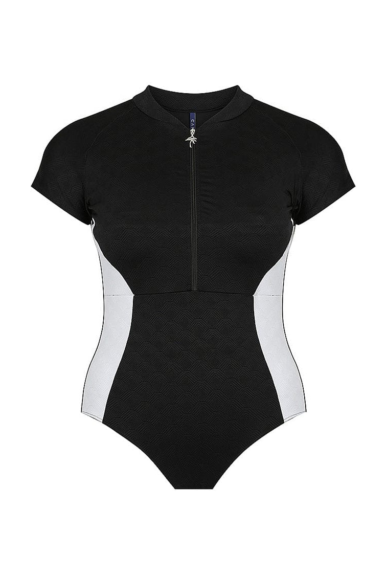 black and white textured cap sleeve one piece