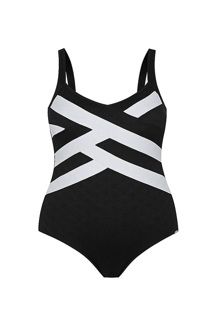 Ghost mannequin of flattering black and white one piece