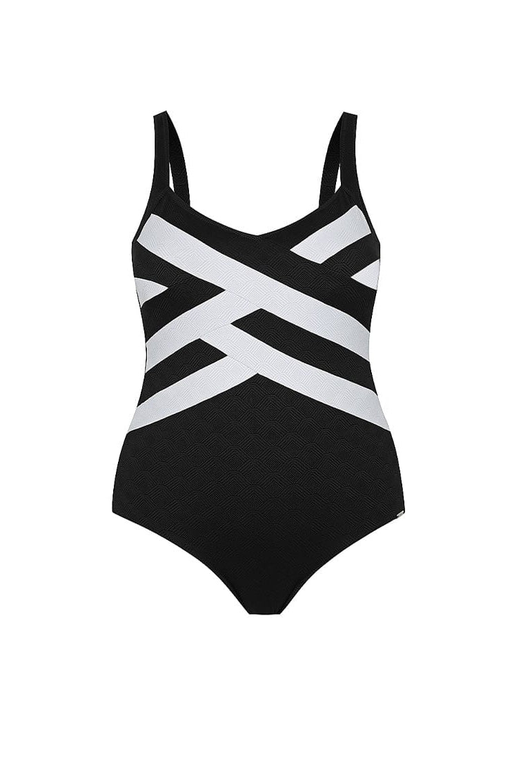 Ghost mannequin of flattering black and whiteo ne piece