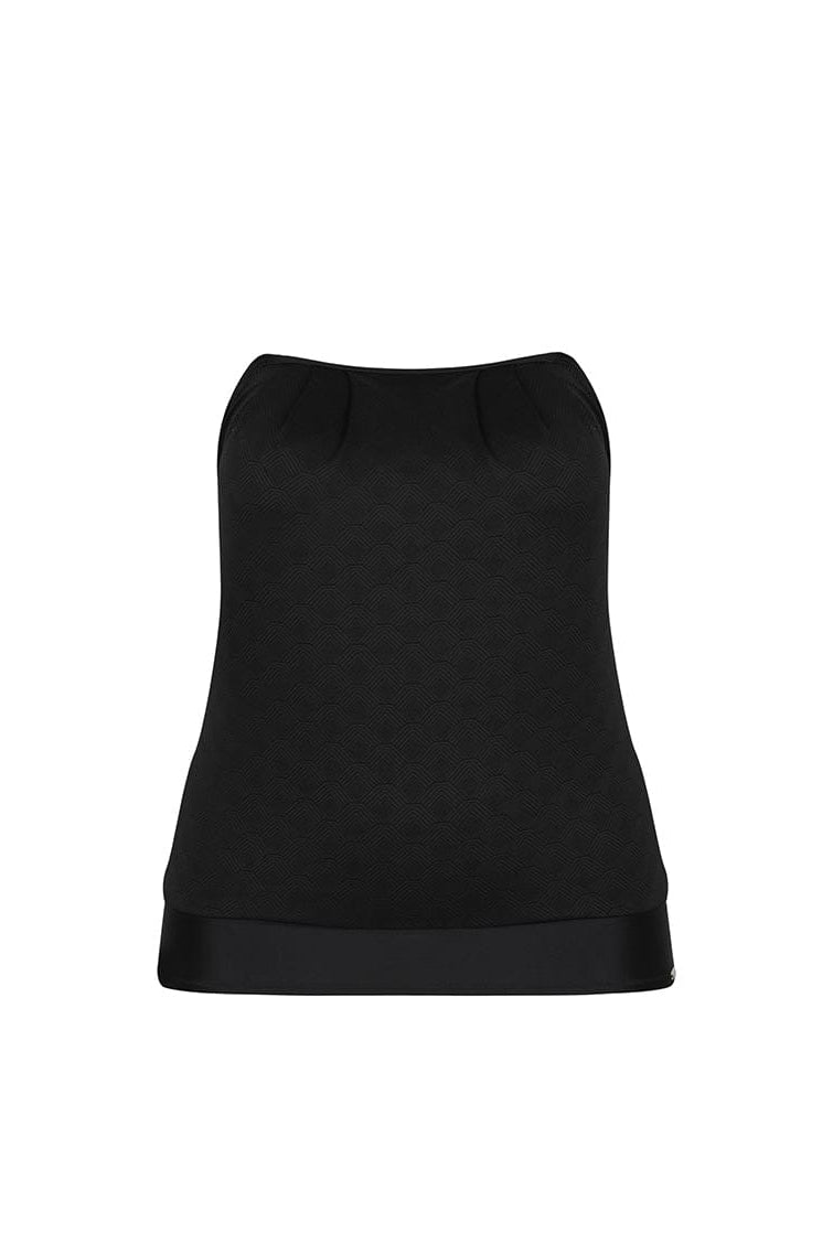 Ghost mannequin of strapless acapulco textured flouncy tankini top