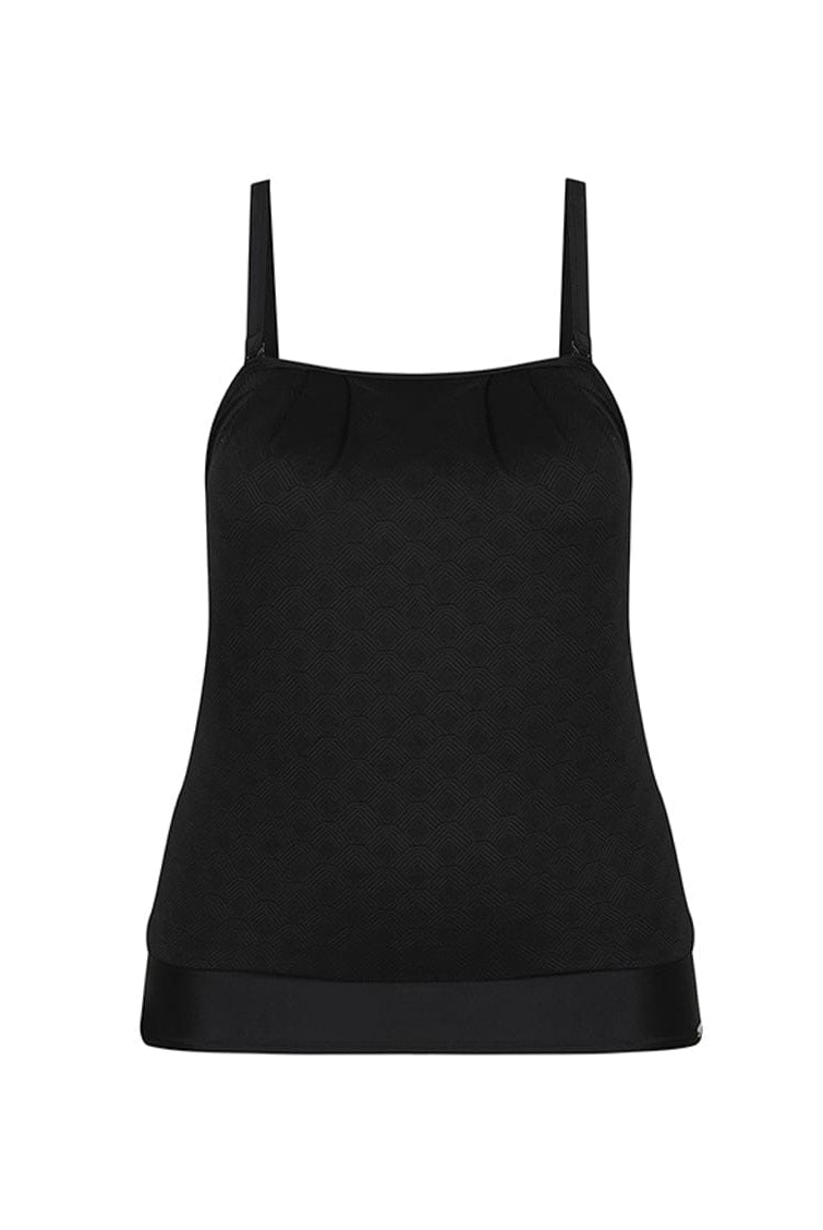 Ghost mannequin flouncy black bandeau tankini top with straps