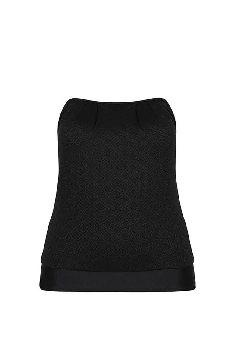 Ghost mannequin of strapless acapulco textured flouncy tankini top