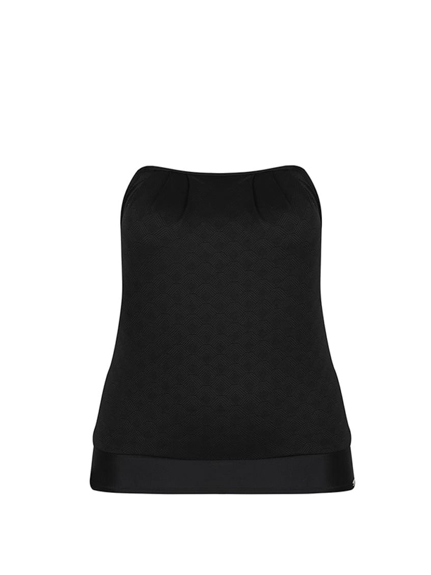 Ghost mannequin of strapless acapulco textured flouncy tankini top