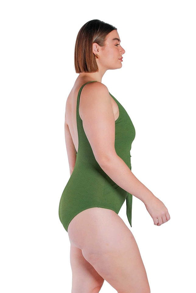 Model wearing olive green tie side one piece