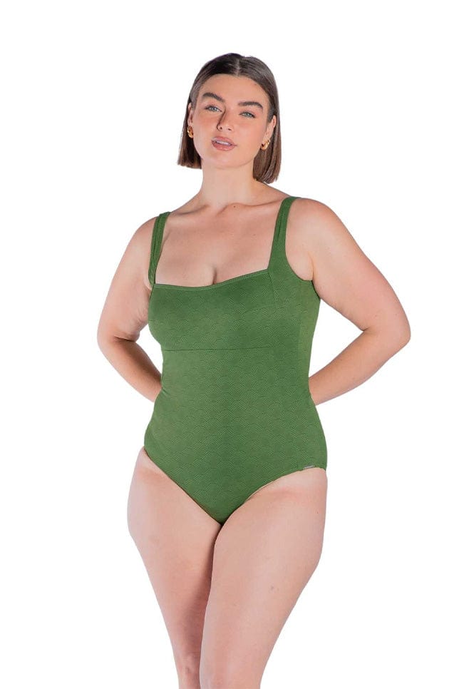 Model wearing olive green textured one piece swimsuit with square neckline