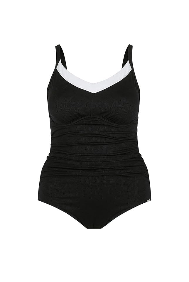 Ghost Mannequin wearing black and white swimsuit with underwire bra support