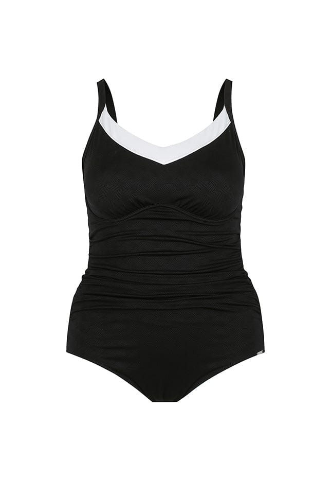 Ghost Mannequin wearing black and white swimsuit with underwire bra support