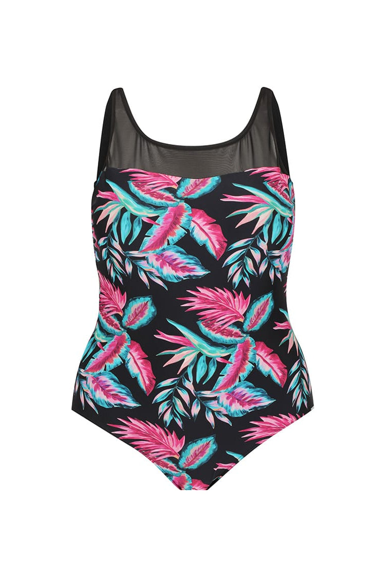 A one-piece swimsuit with a black background and a vibrant tropical palm leaf print in pink and teal, featuring a sheer black mesh neckline.