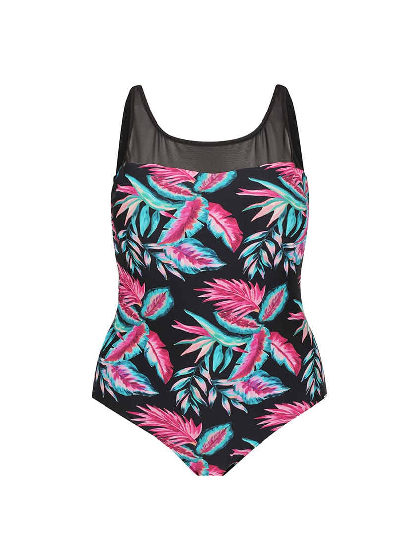 A one-piece swimsuit with a black background and a vibrant tropical palm leaf print in pink and teal, featuring a sheer black mesh neckline.