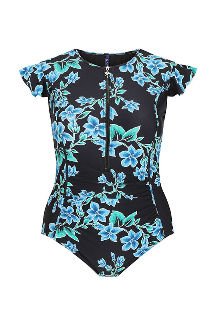 Ghost Mannequin of frill sleeve one piece in blue floral design