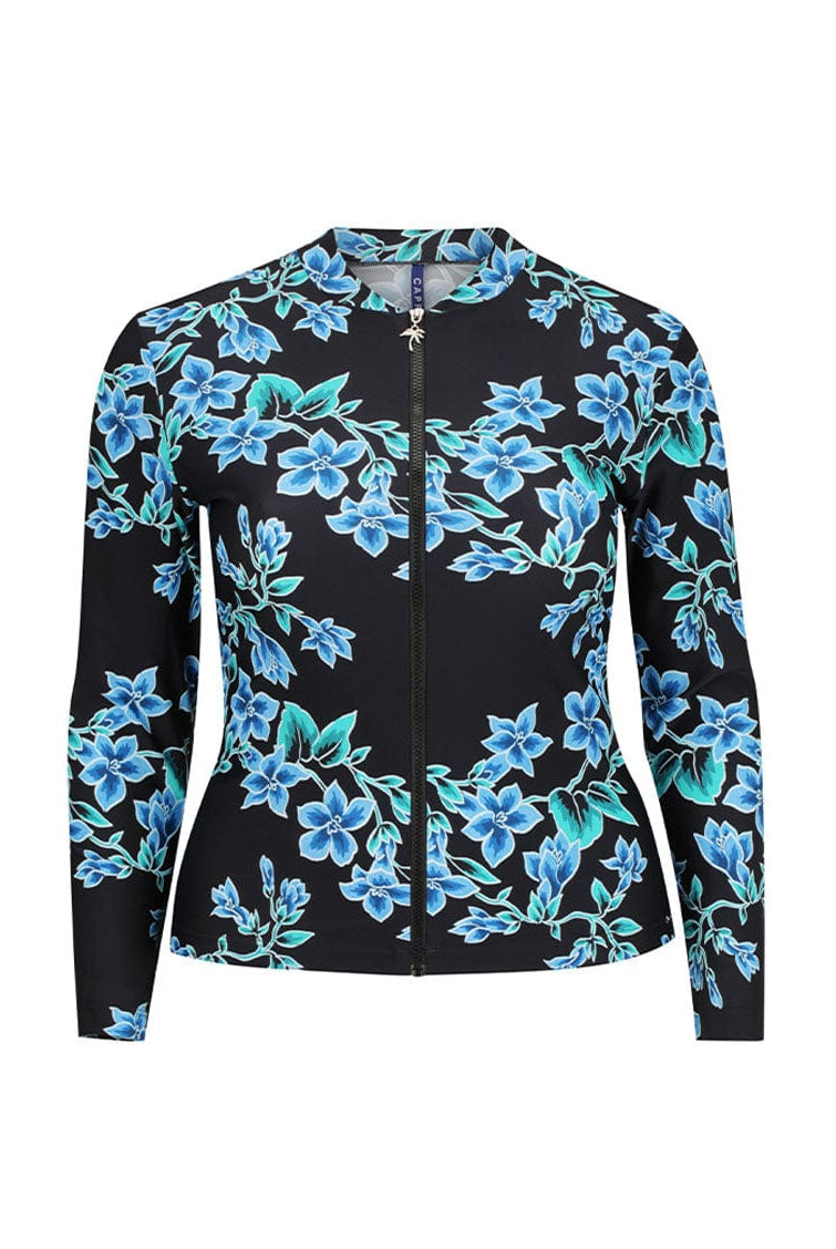 Ghost mannequin of blue floral long sleeve rashie with full front zip