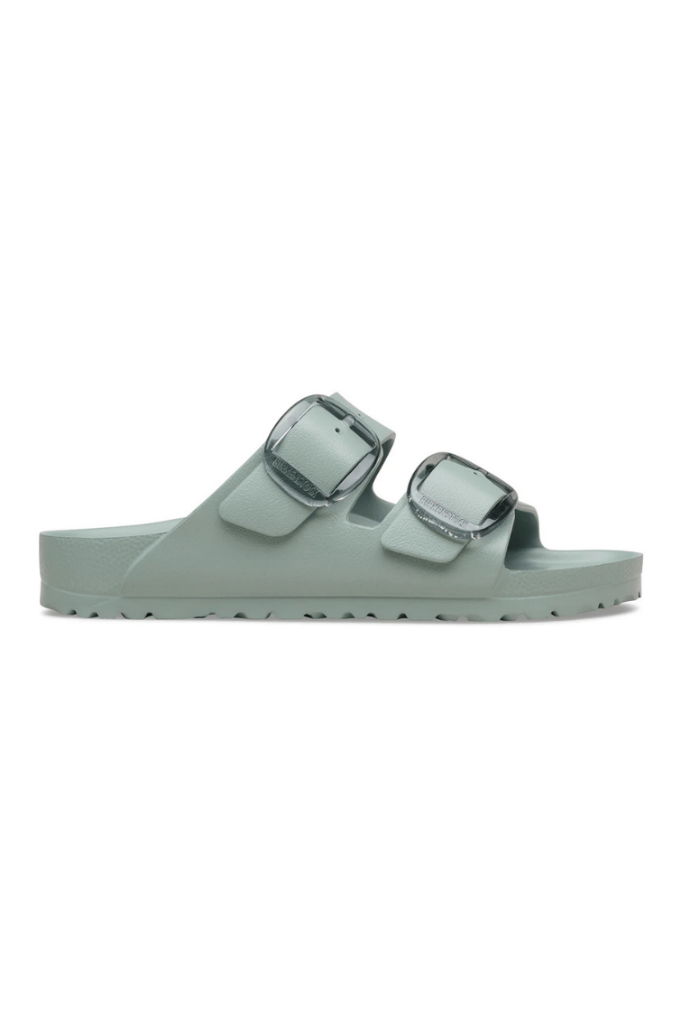 Ghost mannequin of birkenstock beach sandal in sage with buckle detail