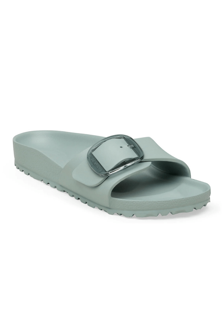 Ghost mannequin of single buckle birkenstock in sage