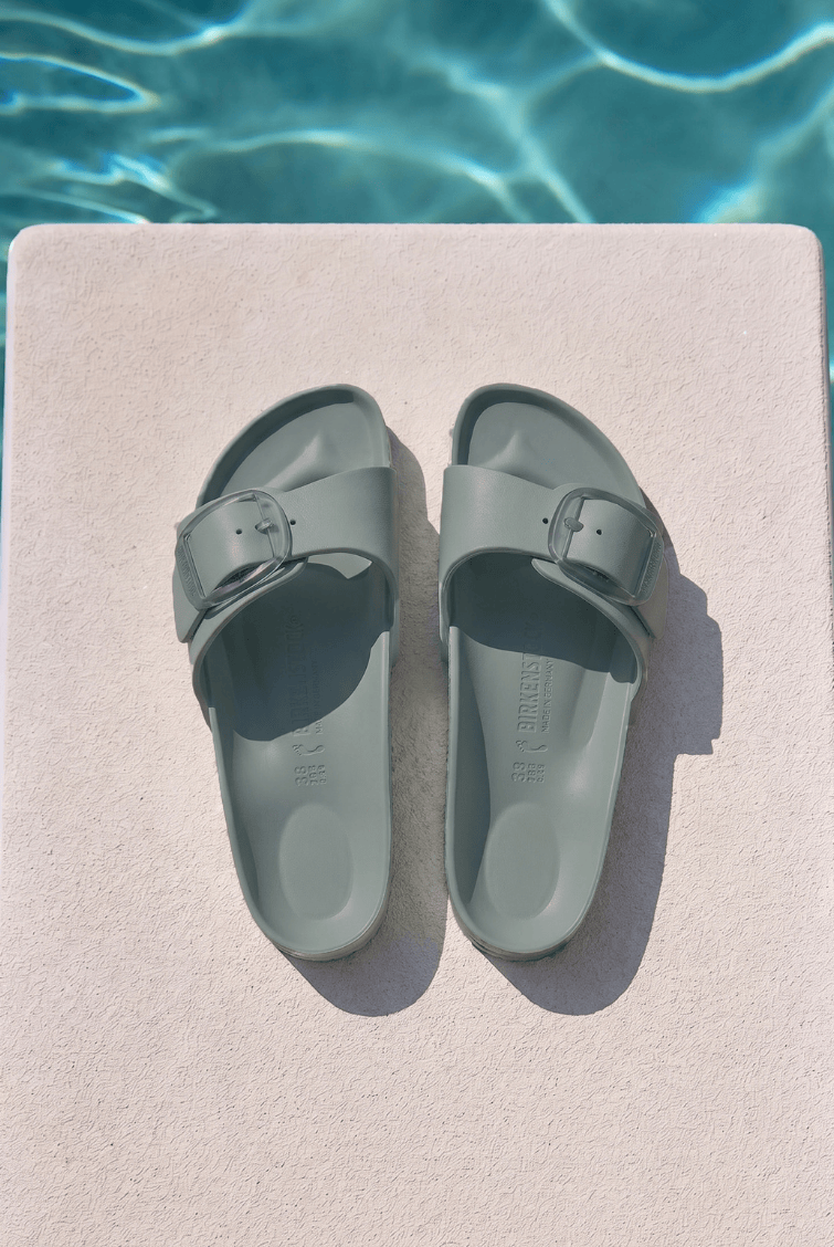 Birkenstock sage sandal at pool with big buckle detail