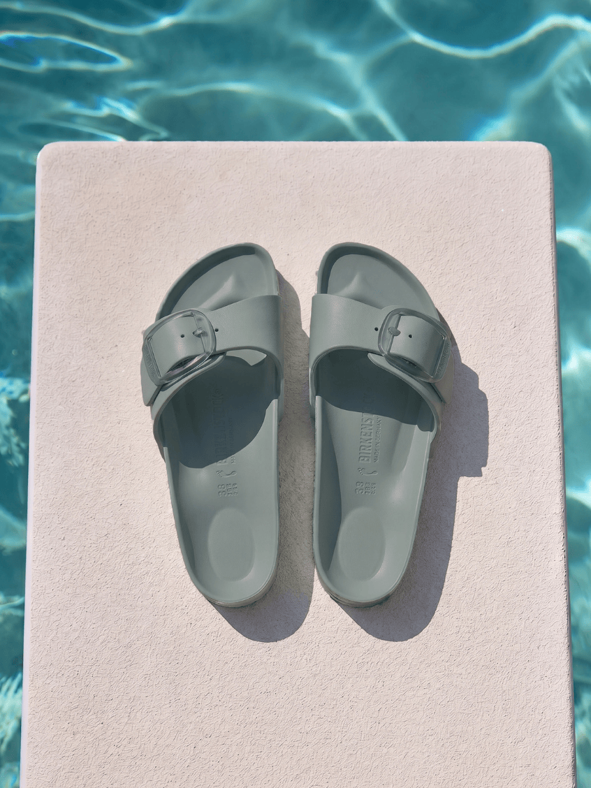 Birkenstock sage sandal at pool with big buckle detail