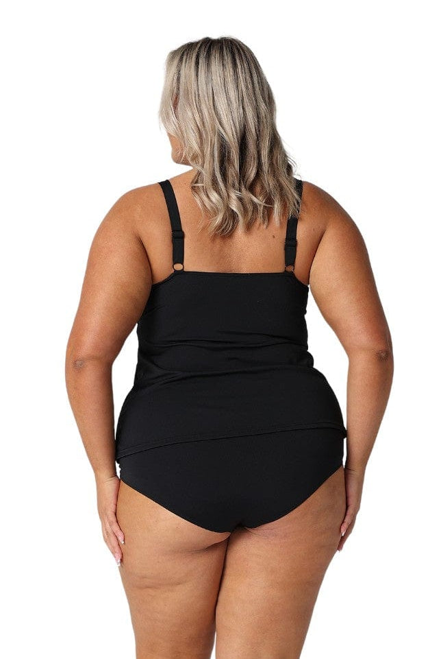 Model showing back of black floral tankini top