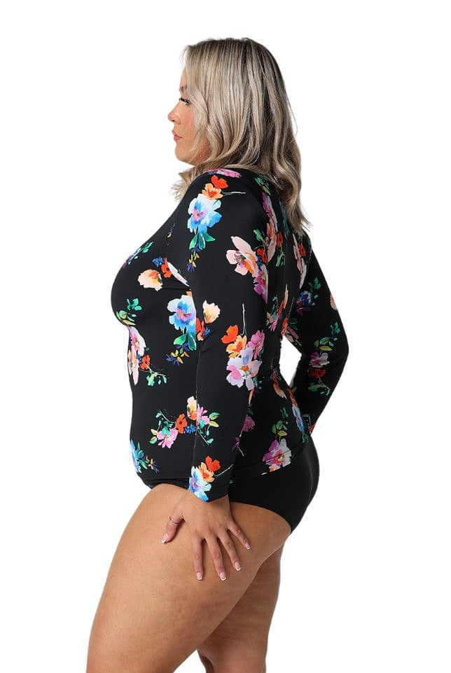 Model showing side of black floral long sleeve rashie