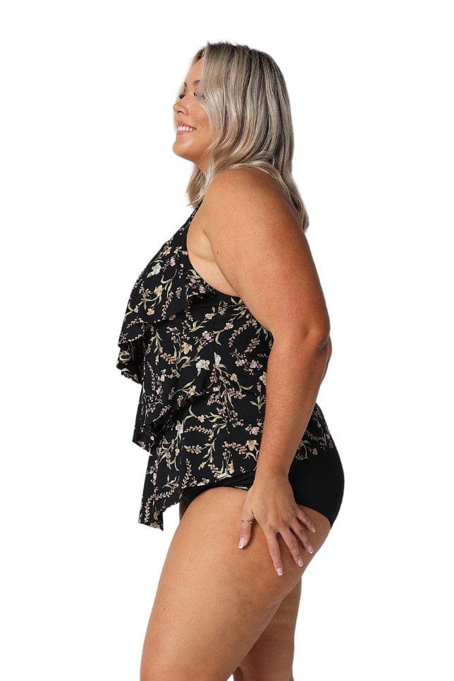 Model showing side of three tier ruffle tankini top
