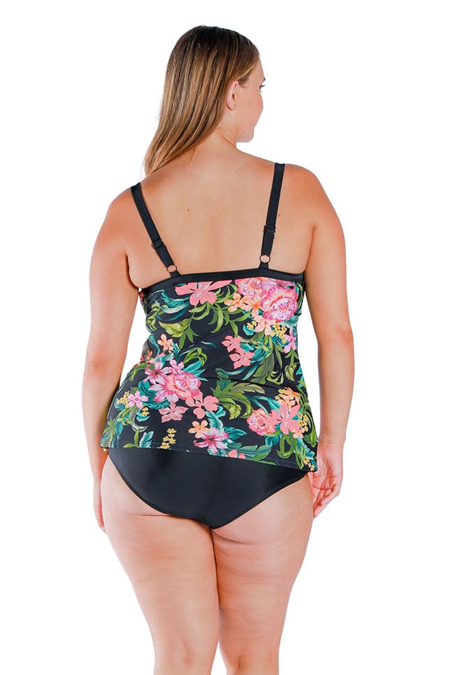 back of model wearing tropical floral underwire tankini top with adjustable straps