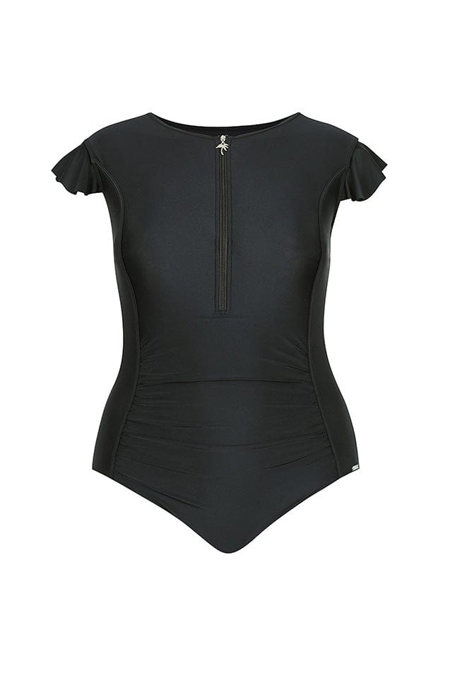 Ghost mannequin black zip front frill sleeve one piece