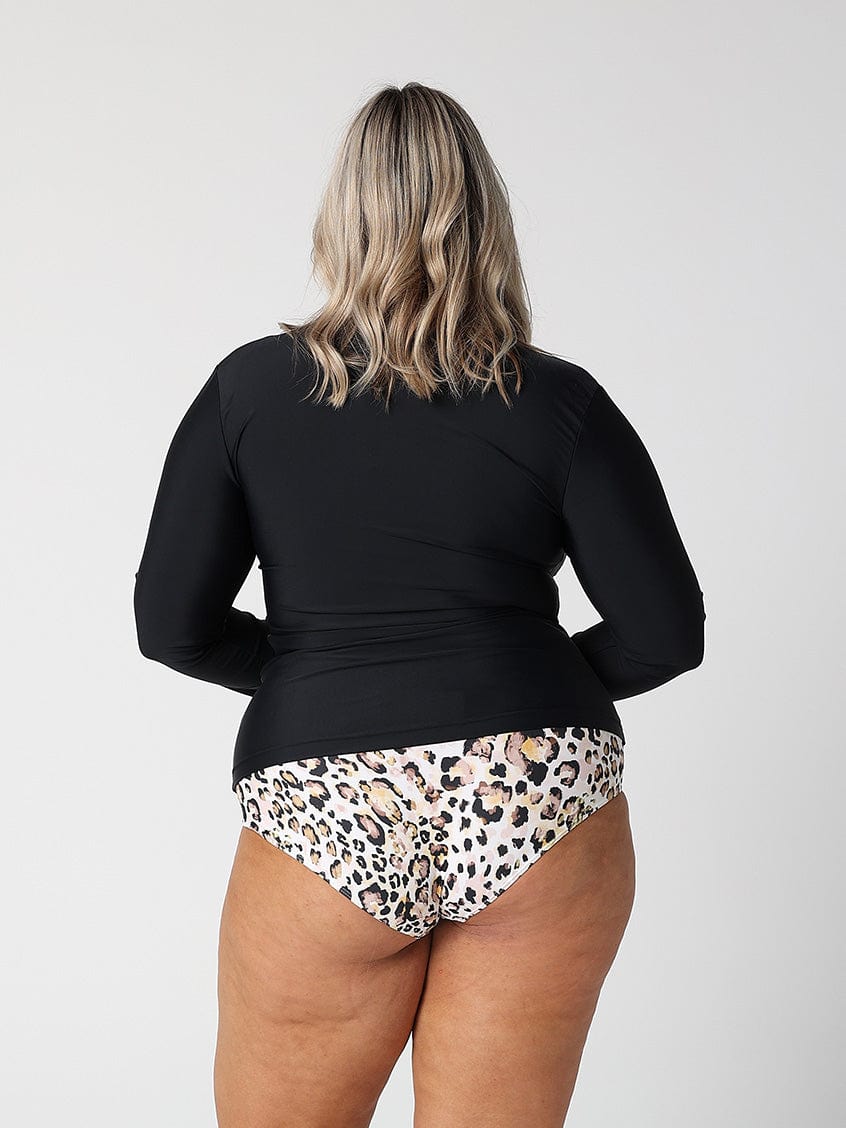 Model showing side of black long sleeve rash vest