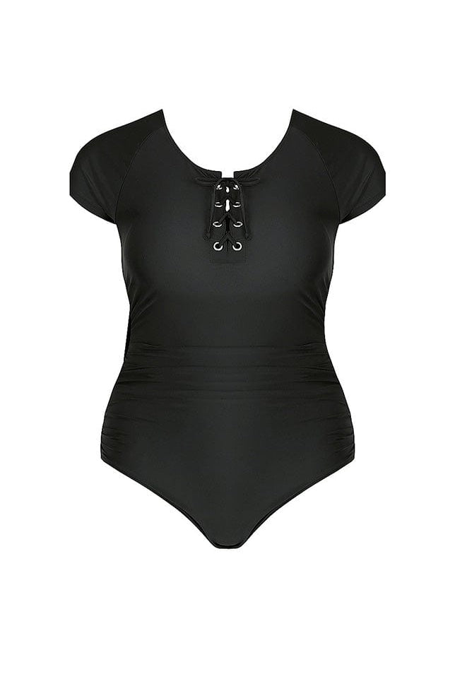ghost mannequin of black short sleeve tie front one piece bathing suit