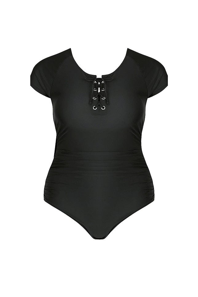 ghost mannequin of black short sleeve tie front one piece bathing suit