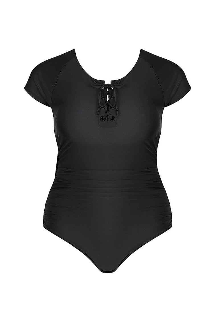 ghost mannequin of black short sleeve tie front one piece bathing suit