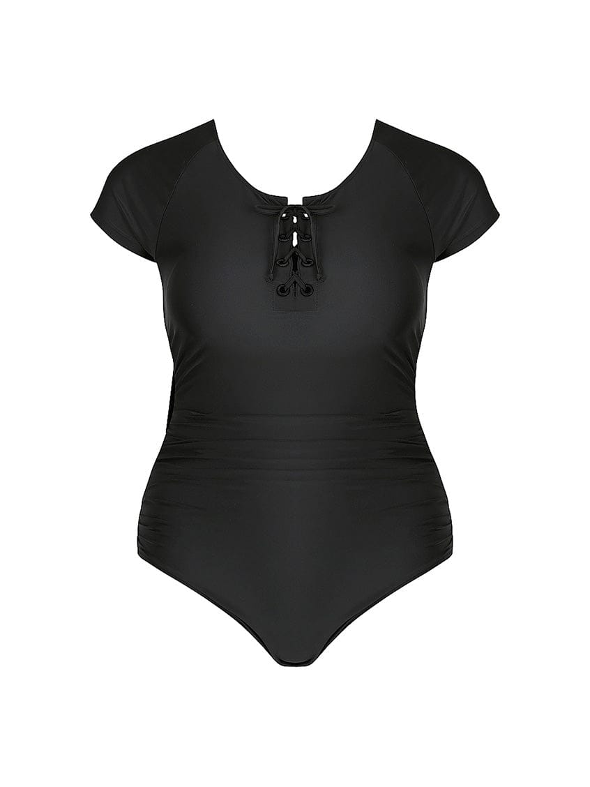 ghost mannequin of black short sleeve tie front one piece bathing suit