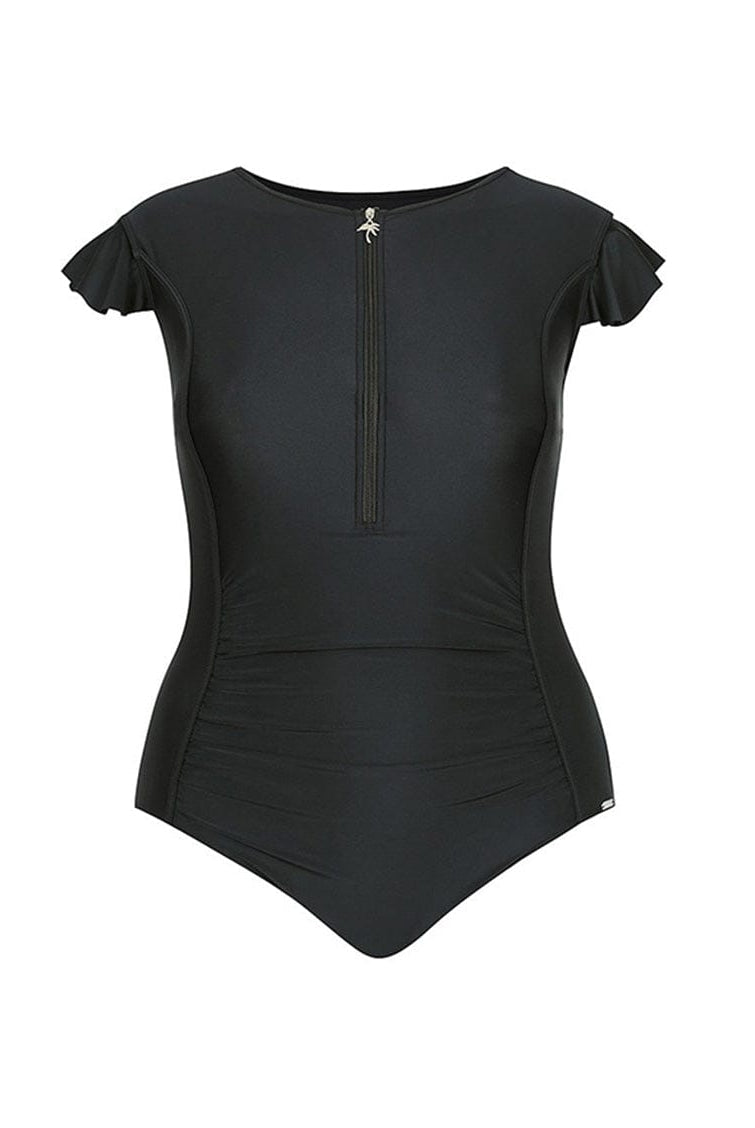 Ghost mannequin black zip front frill sleeve one piece