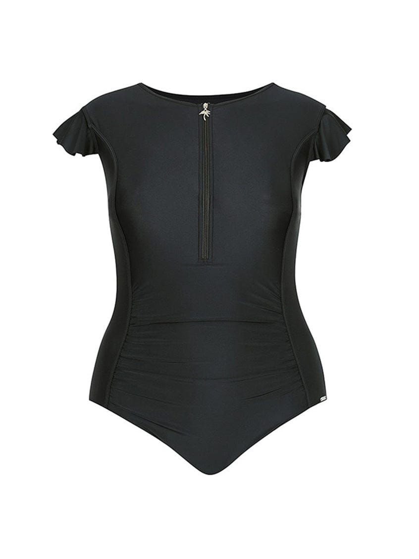 Ghost mannequin black zip front frill sleeve one piece