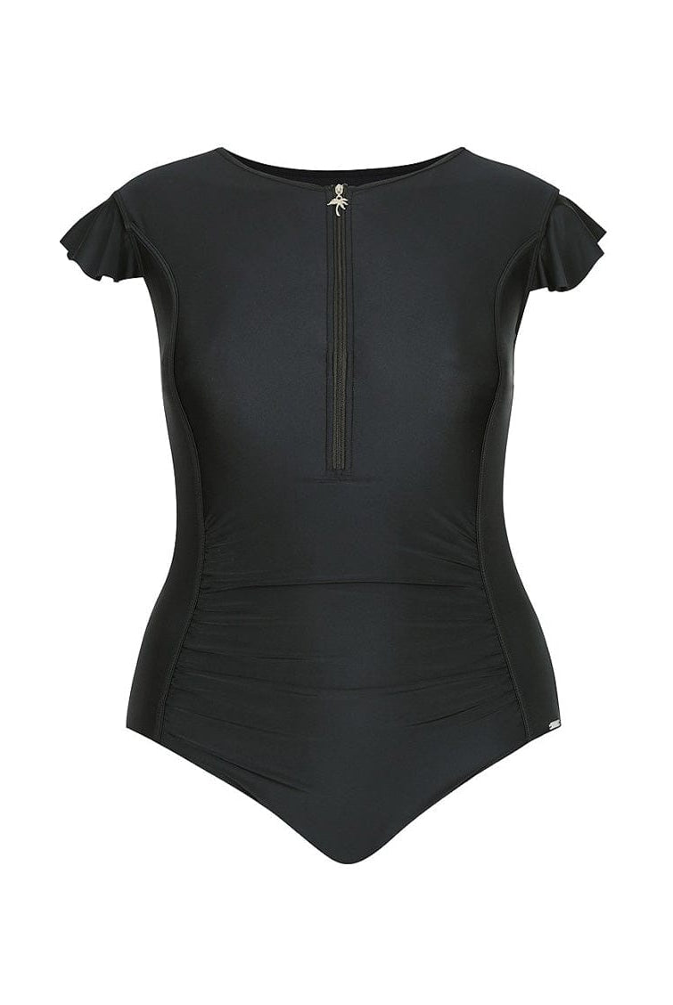 Ghost mannequin black zip front frill sleeve one piece