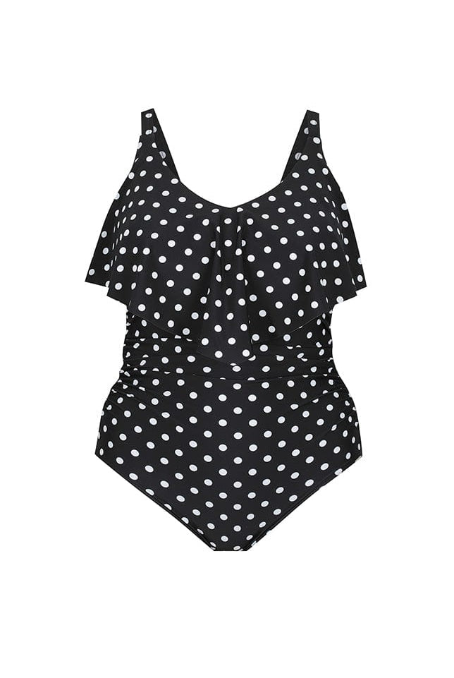 Ghost mannequin black and white dots frill v neck one piece