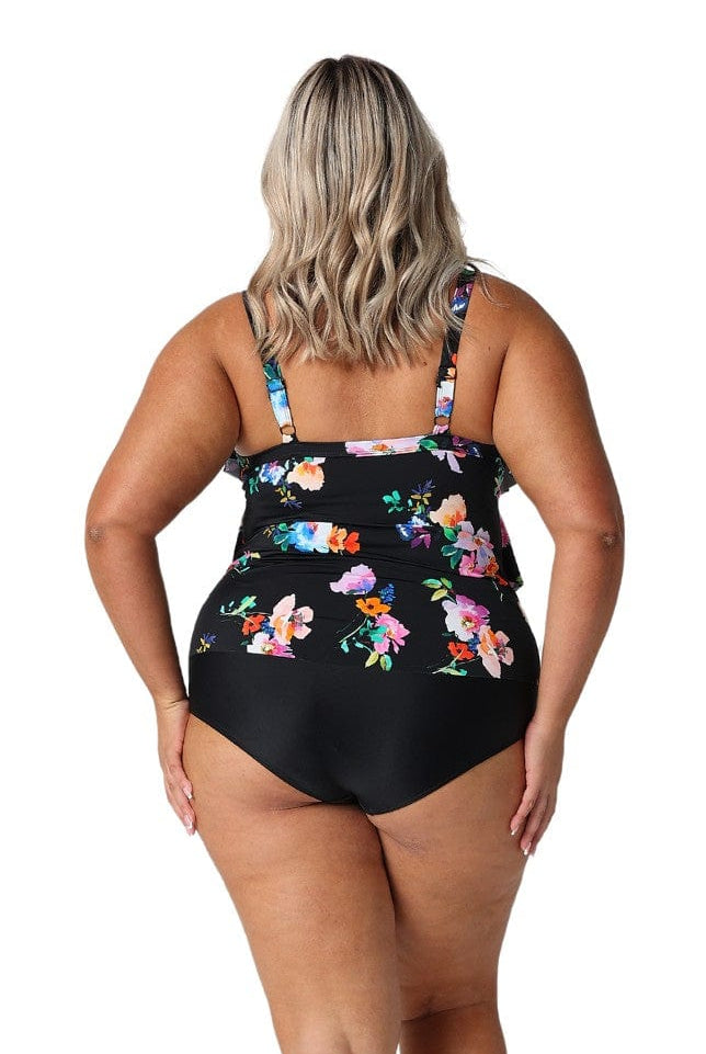 Model showing back of womens black floral tankini top