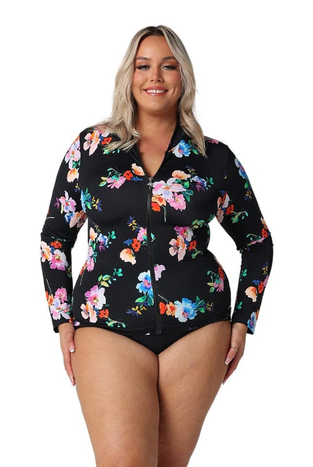 Model wearing black floral zip up rash vest