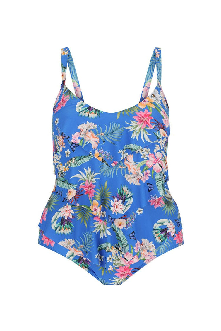 Ghost mannequin of 3 tier one piece in blue floral print