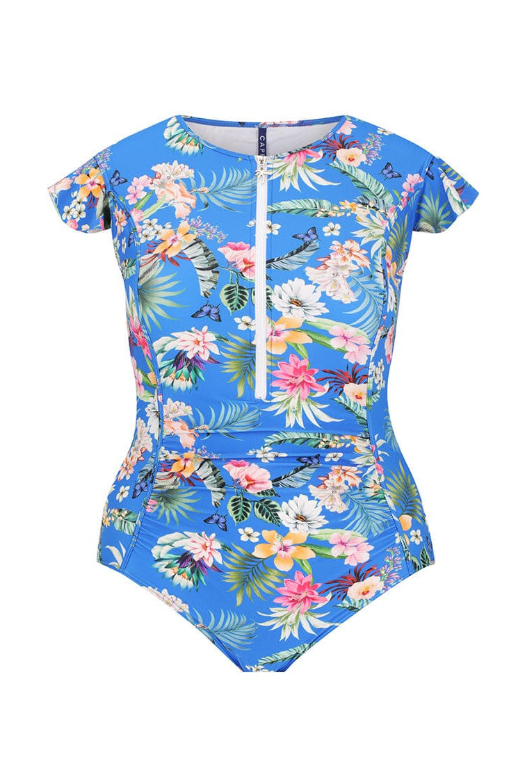 Ghost mannequin of blue floral frill sleeve one piece with shelf bra