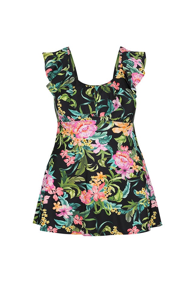 Ghost mannequin floral and black frill sleeved swim dress