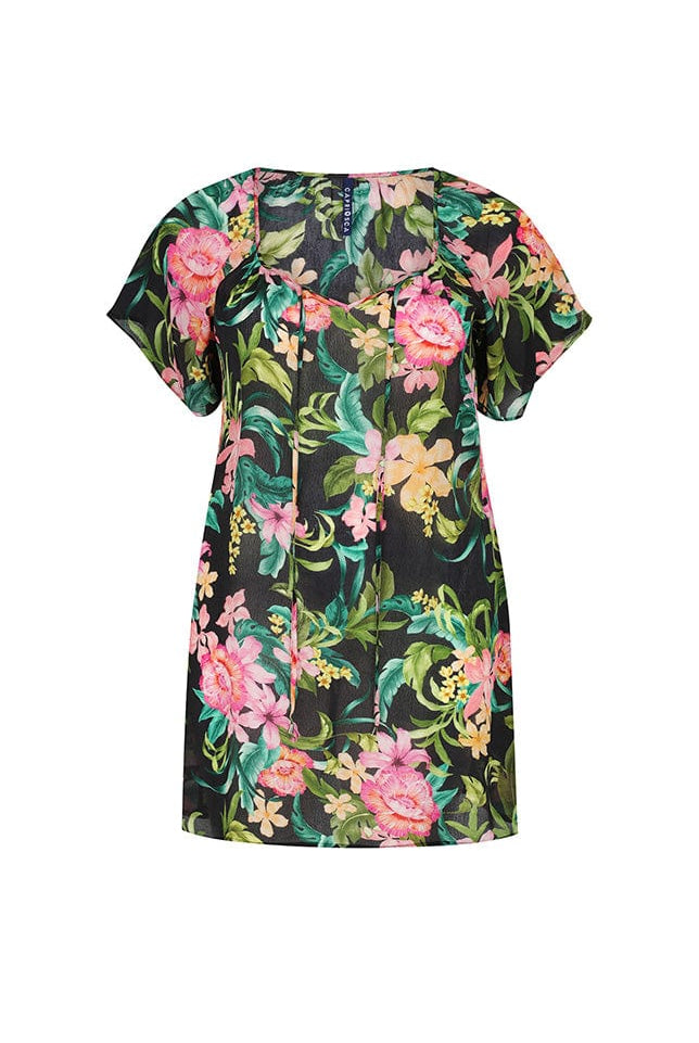 Ghost mannequin of floral and black beach cover up dress