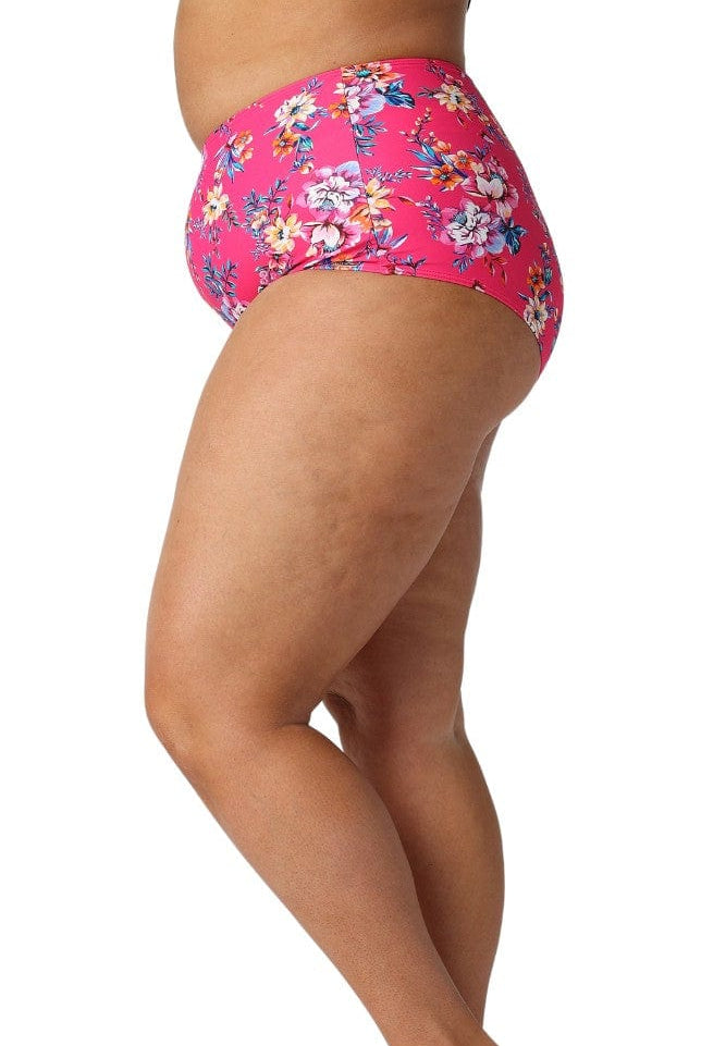 Model showing side of pink floral high waisted bikini bottoms