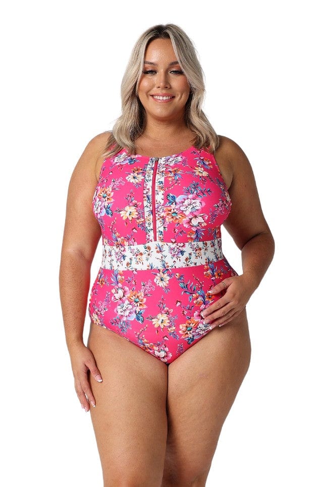 Model wearing hot pink floral sleeveless one piece