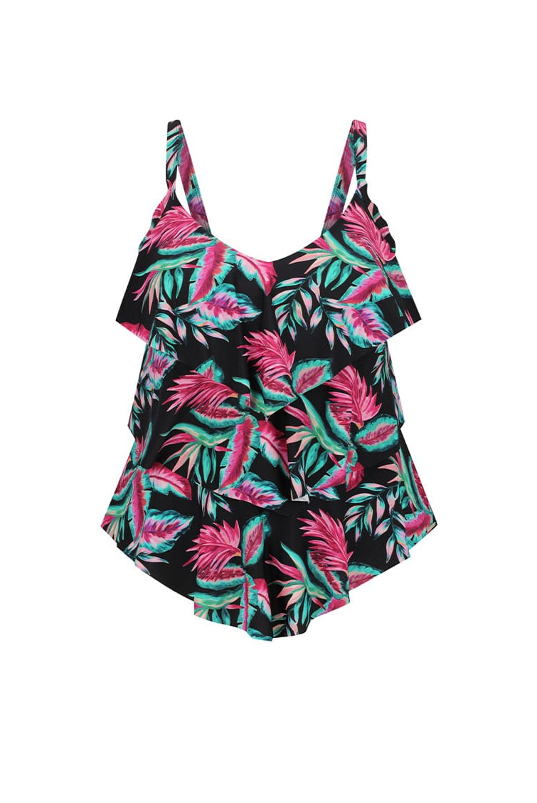 A women's 3 tier tankini swimsuit with a black background and a vibrant tropical leaf print in pink, teal, and green, featuring ruffled shoulder straps and a ruffled peplum hem.