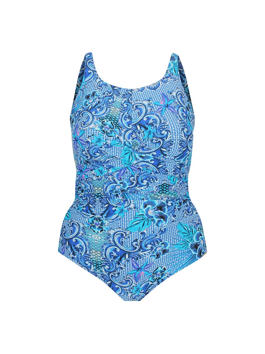 Blue patterned swimsuit on a white background