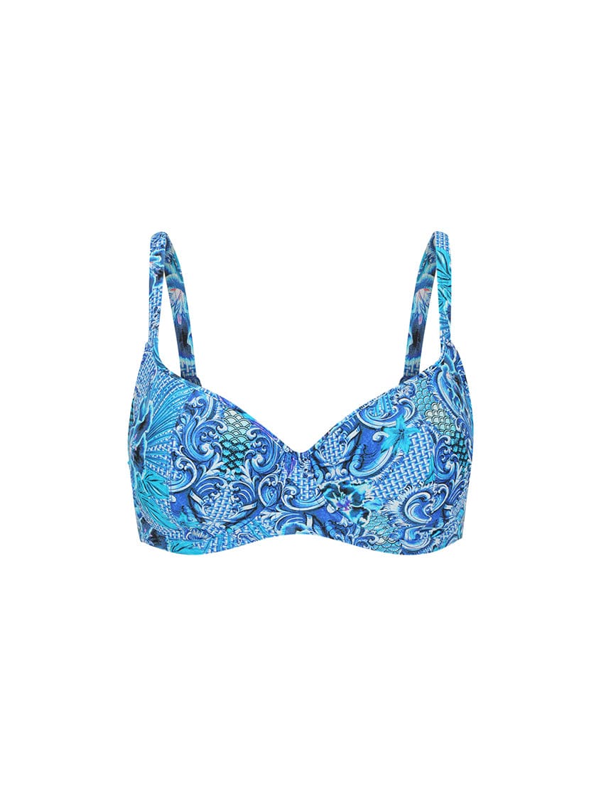 Blue patterned bikini top on a white background