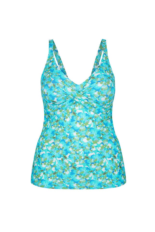 Ghost mannequin blue and green patterned tankini top
