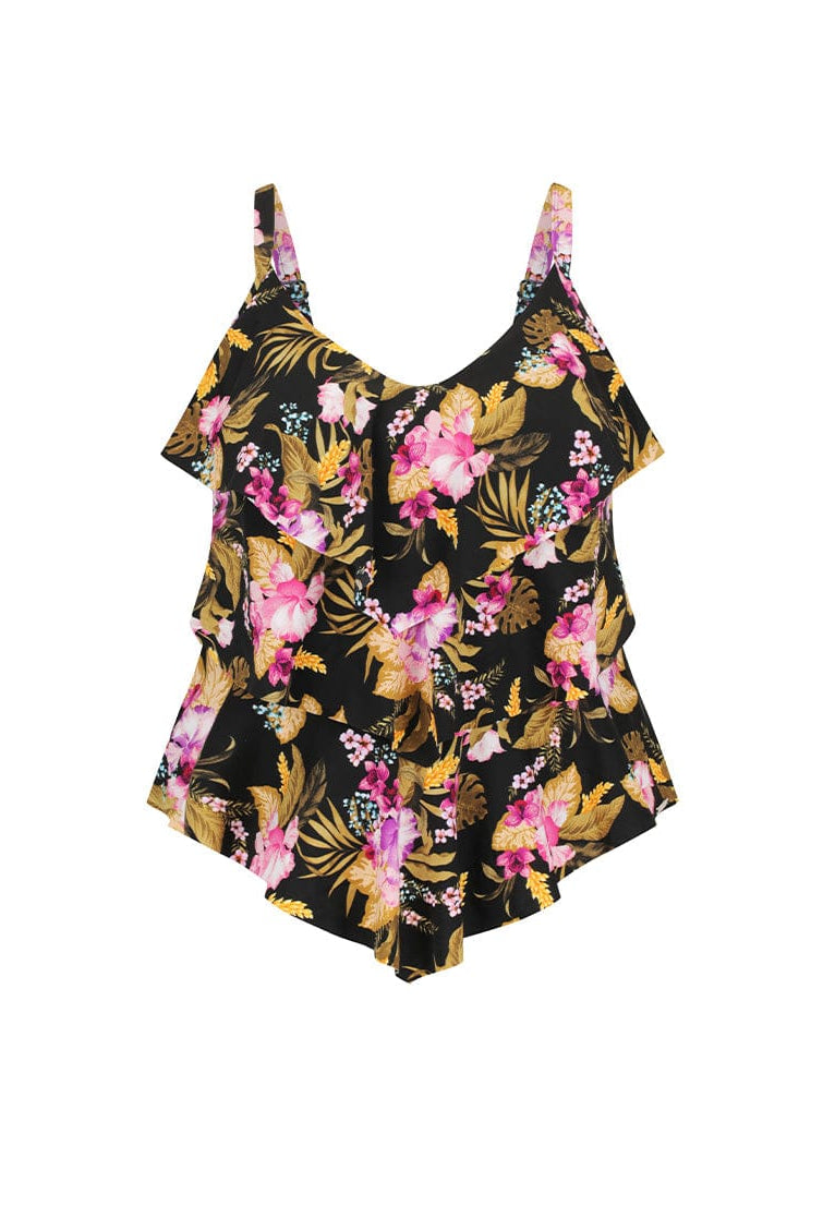 Ghost Mannequin of Womens 3 Tier Tankini Top in Pink and Gold Floral Print